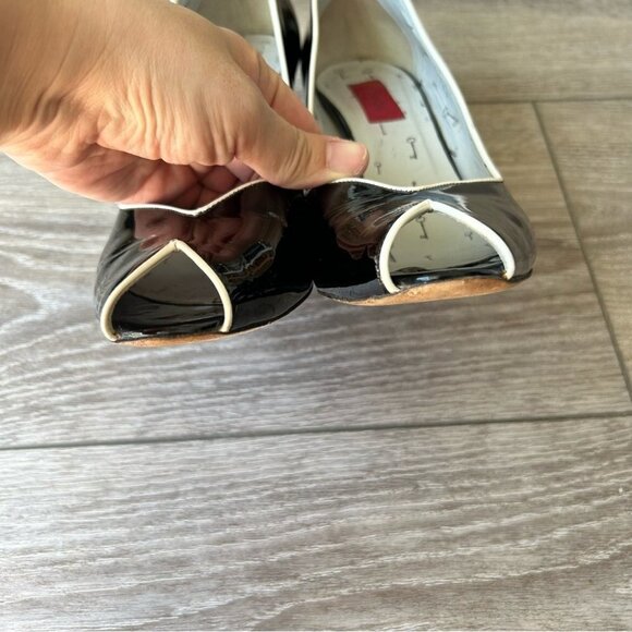 Hugo Boss Peep Toe Patent  Leather Black and White Trim Pumps - Picture 5 of 15